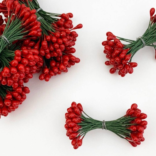 Red Berry Stamen for Christmas Crafting ~ Wired Green Stems